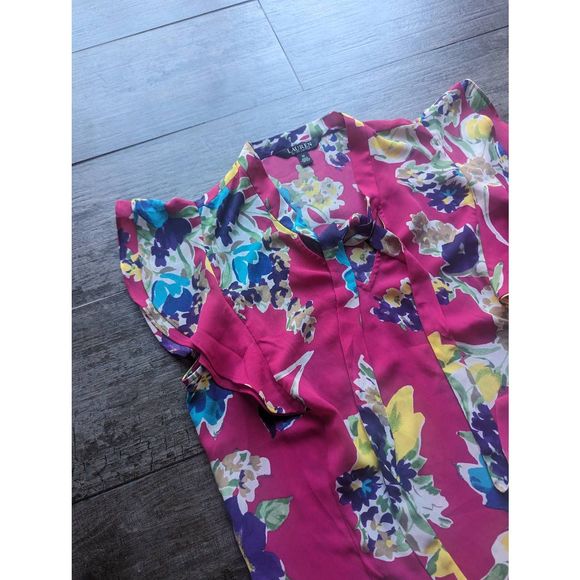 LAUREN RALPH LAUREN Georgette Floral Flutter Sleeve Tie Neck Blouse - Picture 4 of 4